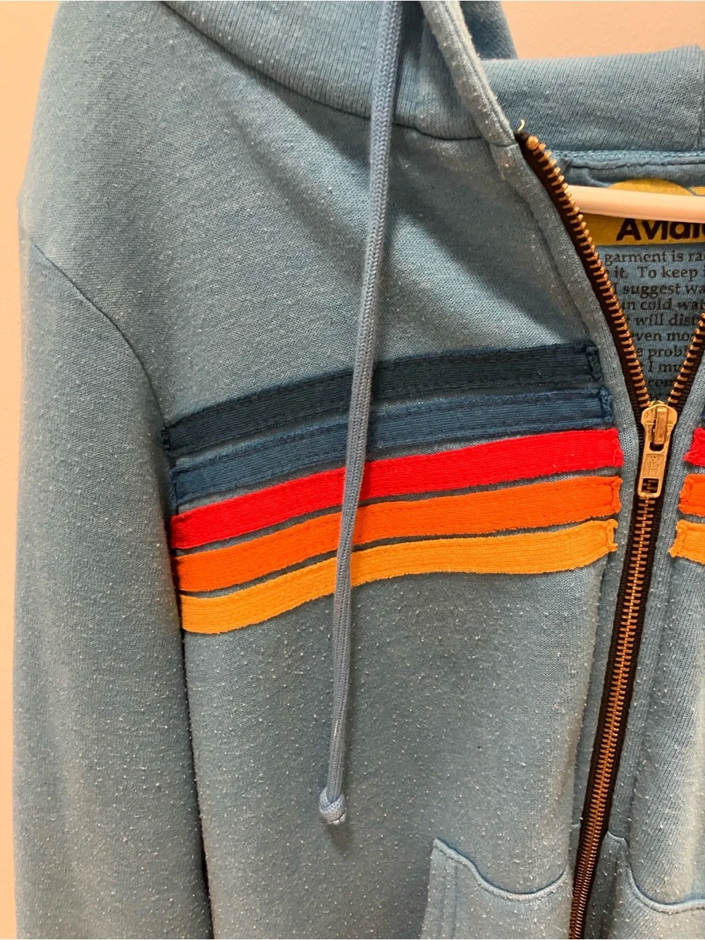 Aviator Nation Light Blue Zip Hoodie with Retro Sunset Stripes, Women’s Small - Picture 2 of 6